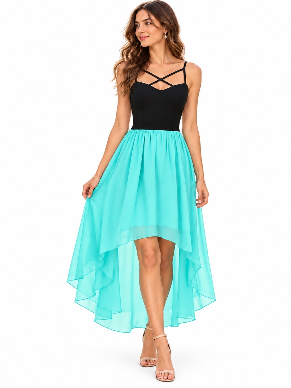 Y2K Whimsigoth Fairycore High-Low Teal & Black Crisscross Party Dress - EUC 5